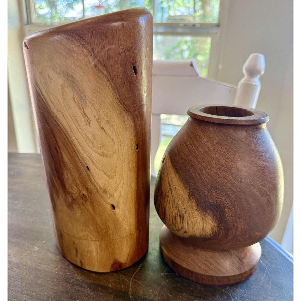 Vintage Hand Turned Solid Wood Decorative Vase Set 2 Rustic Artisa - Picture 5 of 9